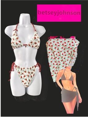 Betsey Johnson 3-Pc Bikini Set Sarong Strawberries White Red Green NEW NWT